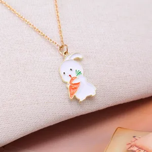 Cartoon Cute Alloy White Rabbit Holding Carrot Pendant Necklace Gold Water Wave Chain For Women Kids Easter Gift Jewelry