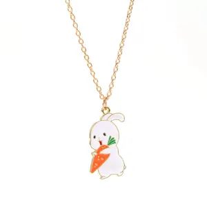 Cute cartoon rabbit holding a carrot enamel necklace with gold-tone chain for Easter gift