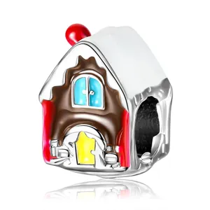 Festive silver snowy house charm bead for DIY Christmas bracelet jewelry making