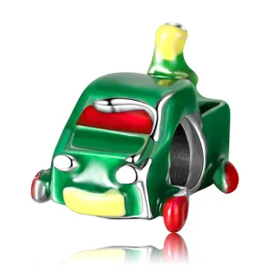 Green enamel Christmas car charm bead for DIY charm bracelets and necklaces jewelry.