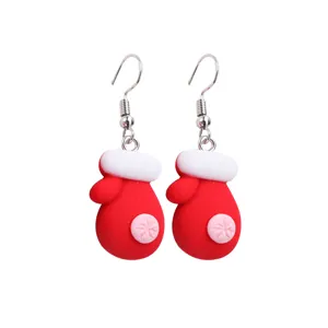 Boucles d'oreilles pendantes moufles de Noël rouges et blanches en résine de dessin animé