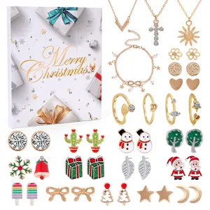 Calendario dell'Avvento di Natale Scatola Sorpresa Set di Gioielli da Donna Orecchini in Lega con Strass Collana Anello Braccialetto Regalo