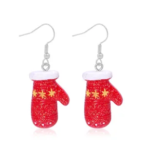 Christmas red mitten drop earrings with glitter and star patterns for festive holiday