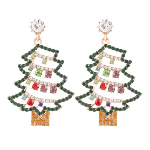 Festliche Tannenbaum-Ohrhänger mit bunten Strasssteinen in vergoldeter Legierung gefasst