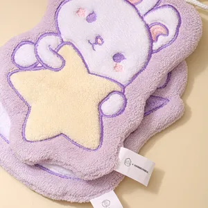 Cute purple cartoon rabbit coral fleece hanging hand towel with star embroidery.
