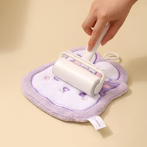 Absorbent purple cartoon embroidery coral velvet hand towel with hanging loop for kitchen