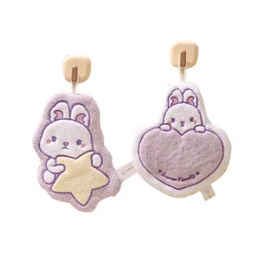 Two cute cartoon bunny embroidered coral fleece hanging hand towels for kitchen decor