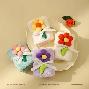 Coral fleece hand towel set with 3D flower decor and ribbons for creative gift favors