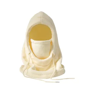 Warm cream-colored fleece balaclava hood for winter skiing and windproof protection.