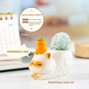 Mignon Chat Énergie PAI Figurine en Résine Boîte Aveugle Style Guérison Statues de Chat de la Chance Avec Pierres de Cristal Naturelles Décoration Maison Bureau Cadeau Enfant