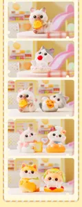 Figurines de chat mignonnes en résine de la série Greedy Meow dans un décor de boulangerie