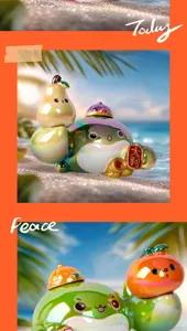 Vue détaillée de la figurine en résine crabe chanceux irisé avec fruits mignons.