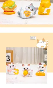 Detailed view of cute resin cat figurines from the Greedy Meow Meow blind box series.