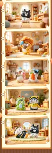 Detailed showcase of cute cat blind box figures displayed in cozy miniature home settings.