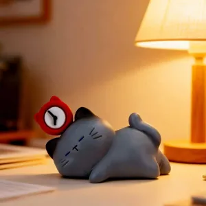Niedliche graue Katzenfigur aus der Blind Box mit roter Uhr auf dem Schreibtisch