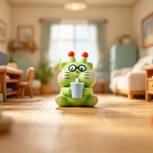 Cute green Mi Li Quan Kai cat blind box figure with glasses for cozy desktop home decor