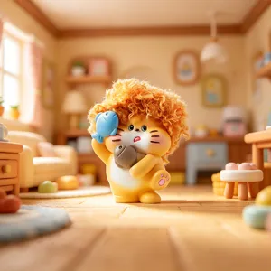 Adorable orange curly hair cat blind box figurine holding two fish for desk decoration