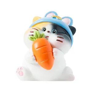 Cute calico cat figurine holding a carrot, trendy blind box desktop ornament decoration