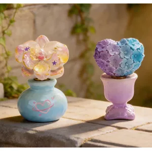 Vue détaillée des figurines de boîte aveugle rotatives orchidée et cœur de fleurs