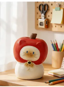 Vue détaillée du porte-encens en forme de chat avec un design de capuche pomme