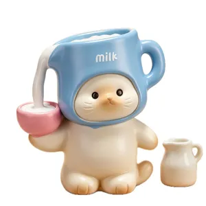 Cute cat figurine blind box desktop ornament with creative milk cup hat design for home