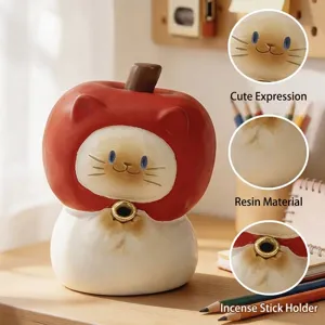 Figurine de chat mignon en résine porte-encens avec chapeau pomme rouge pour décoration