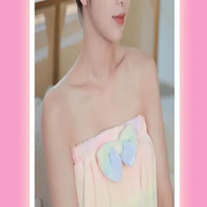 Rainbow coral fleece bath wrap, soft absorbent strapless towel with cute bow for women daily use.