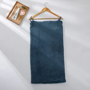 Wearable bath towel for women, soft coral fleece absorbent bath dress with straps, dark blue.