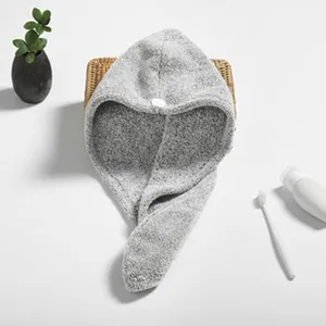 Grey coral fleece hair drying towel detail, ultra absorbent quick dry microfiber hair wrap for women.