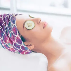 Microfiber mermaid scale hair drying towel wrap, soft quick dry cap for spa and daily bath use.