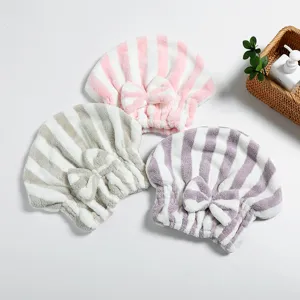 Coral fleece dry hair cap with cute bow, super absorbent hair towel wrap for quick drying.