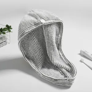 Stripe microfiber hair drying cap for women, soft absorbent quick dry bath towel hat.