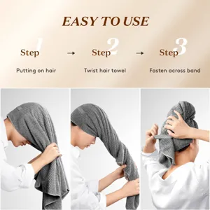 Thick grey waffle weave hair drying towel for quick drying and easy morning routine.