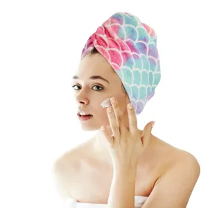 Mermaid scale microfiber hair drying towel, quick-dry cap for women, soft bath head wrap.