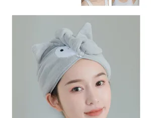 Grey coral fleece dry hair cap with cute cat ears, absorbent quick dry bath towel hat for women.