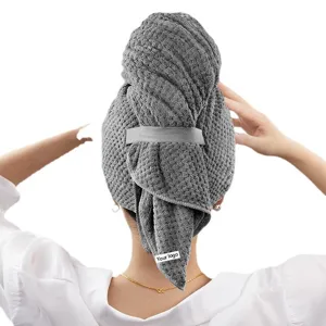 Gray waffle weave hair drying towel cap for women, ultra absorbent microfiber bath hair wrap.