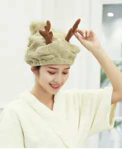 Microfiber coral fleece hair drying towel hat with cute reindeer antlers for women