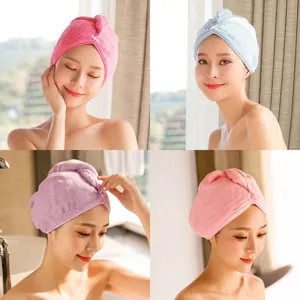 Coral Velvet Hair Drying Hat Super Absorbent Quick Dry Towel Cap For Women With Button Embroidery Cartoon Animal Pattern Bathroom Accessories