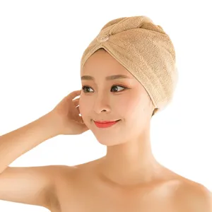 Soft and super absorbent coral fleece dry hair towel cap for women in elegant beige color