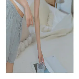 Comfortable grey lounge shorts for women, casual elastic drawstring sleepwear bottoms.
