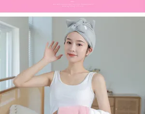 Soft coral fleece dry hair cap with cute cartoon animal ears, highly absorbent quick dry towel.