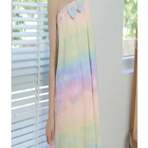 Pastel rainbow coral velvet wearable bath towel dress for women, soft and absorbent loungewear.