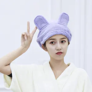 Soft purple coral fleece hair drying cap with cute animal ears for quick hair drying