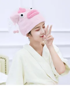 Cute pink cartoon coral fleece hair drying cap towel with eyes and lips design