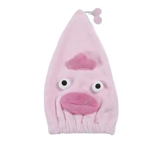 Absorbent pink coral fleece cartoon hair drying towel cap with cute monster face