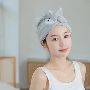 Soft coral fleece dry hair cap, cute grey cat ear design, quick-drying absorbent towel.