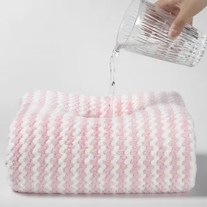 Pink and white striped coral velvet dry hair towel, highly absorbent and quick drying cap.