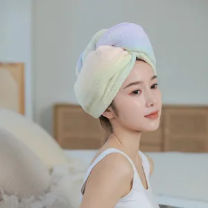 Rainbow coral fleece dry hair cap, super absorbent thick bath turban for women hair drying.