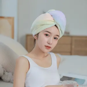 Rainbow coral fleece dry hair cap, quick drying shower turban for women, thick absorbent hair towel.