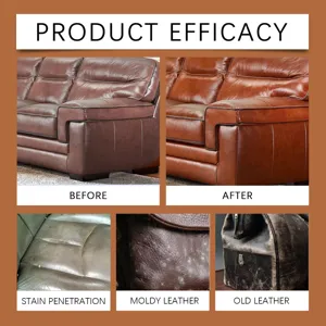 Detailed product efficacy showing leather cleaning wipes effect on stained and moldy furniture